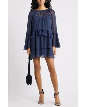 Open Edit Long Sleeve Tiered Chiffon Dress - Blue