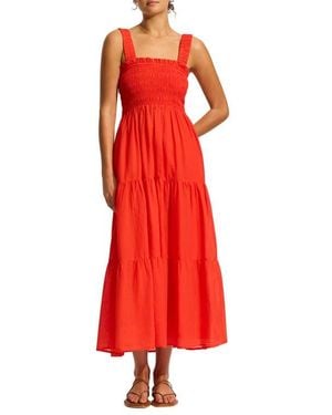 Seafolly Faithful Smocked Tiered Cotton Cover-Up Midi Dress