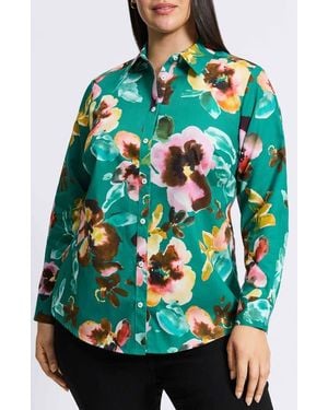 Foxcroft Zoey Watercolor Non-Iron Cotton Button-Up Shirt - Green