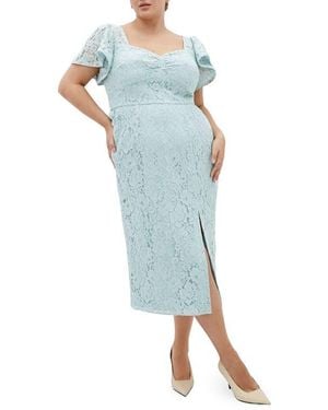 City Chic Maisie Flutter Sleeve Lace Dress - Blue