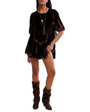 Free People Maye Print Puff Sleeve Velvet Tunic Top - Black