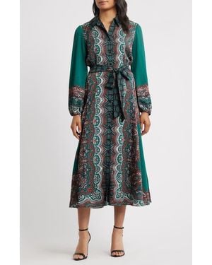 Julia Jordan Print Long Sleeve Shirtdress - Green