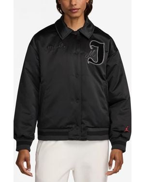 Nike Chenille Patch Satin Varsity Bomber Jacket - Black
