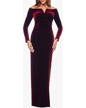 Xscape Evenings Off The Shoulder Long Sleeve Velvet Gown - Purple