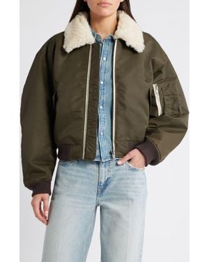 RE/DONE Shrunken Genuine Shearling Collar Water Resistant Bomber - Black
