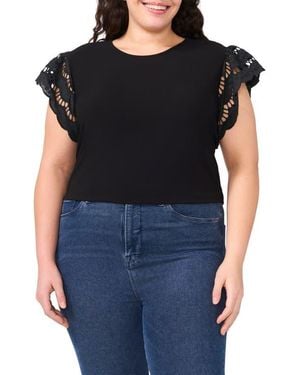 Cece Embroidered Flutter Sleeve Mixed Media Top - Black