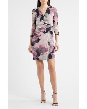 Anne Klein Floral Print Wrap Minidress - Red