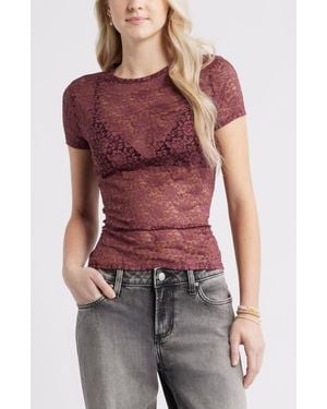 BP. Short Sleeve Stretch Lace Top - Red