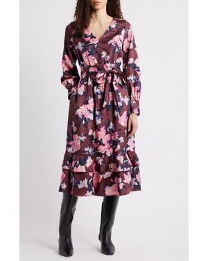 Caslon Ruffle Tie Waist Long Sleeve Midi Dress - Red