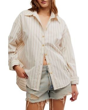 Free People Varsity Vibes Stripe Oversize Cotton Button-Up Shirt - Gray