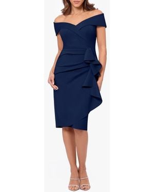 Xscape Evenings Ruffle Off The Shoulder Scuba Knit Cocktail Dress - Blue