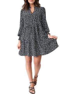 Gibsonlook Printed Tiered Long Sleeve Dress - Black