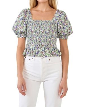 Endless Rose Floral Smocked Puff Sleeve Top - Gray