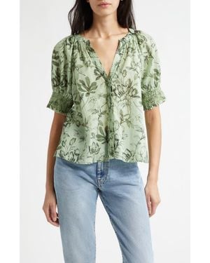 Alice + Olivia Thalia Floral Cotton Puff Sleeve Top - Green