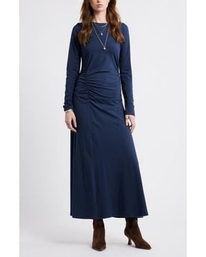 Treasure & Bond Side Ruched Long Sleeve Stretch Cotton Dress - Blue
