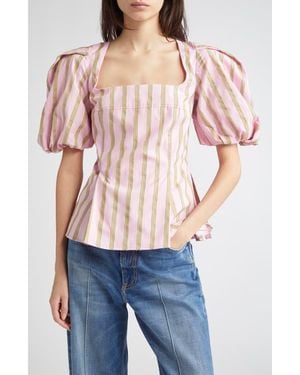 Stine Goya Jacquard Puff Sleeve Organic Cotton Top - Red