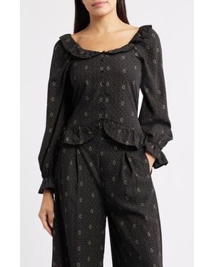Bobeau Ruffle Trim Crop Button-Up Shirt - Black