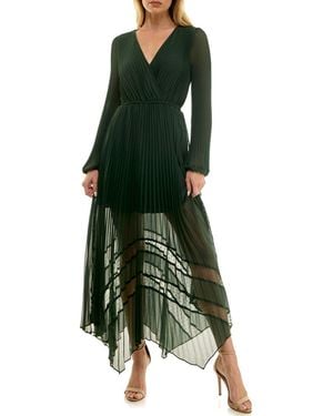 Socialite Long Sleeve Lace Inset Pleated Chiffon Dress - Green