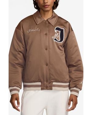 Nike Chenille Patch Satin Varsity Bomber Jacket - Brown