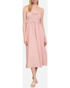Blu Pepper Stripe Ruffle Shirred Seersucker Midi Dress - Pink