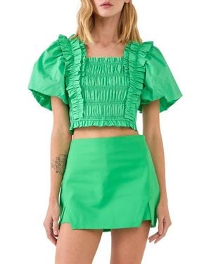 Endless Rose Smocked Puff Sleeve Crop Top - Green
