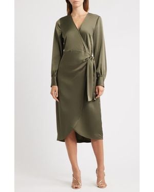 Sam Edelman Long Sleeve Faux Wrap Satin Dress - Green