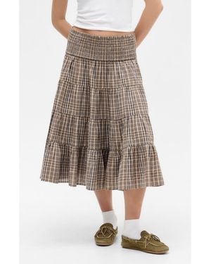 BDG Becks Smocked Tiered Cotton Midi Skirt - Brown