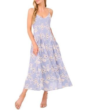 Cece Embroidered Godet Pleat Cotton A-Line Dress - Purple