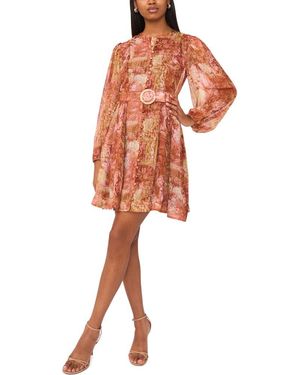 Halogen® Floral Long Sleeve Belted A-Line Dress - Orange