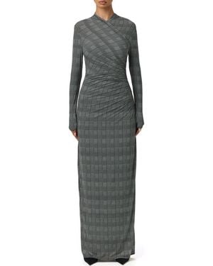 Naked Wardrobe Houndstooth Overlap Neck Long Sleeve Maxi Dress - Gray