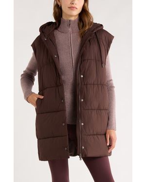 Zella Longline Hooded Puffer Vest - Brown