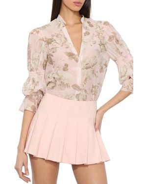 Alice + Olivia Ilan Smocked Puff Shoulder Cotton & Silk Shirt - Natural