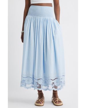 Treasure & Bond Embroidered Eyelet Cotton Smocked Waist Skirt - Blue