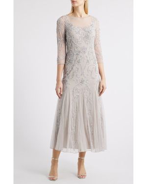 Pisarro Nights Beaded Illusion Neck Gown - Metallic