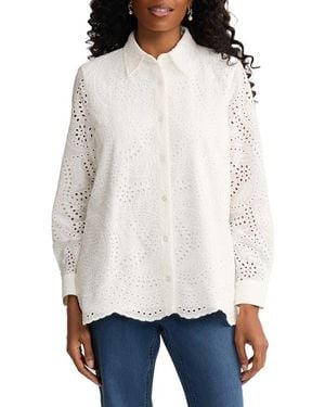 Jones New York Cotton Eyelet Button-Up Shirt - White