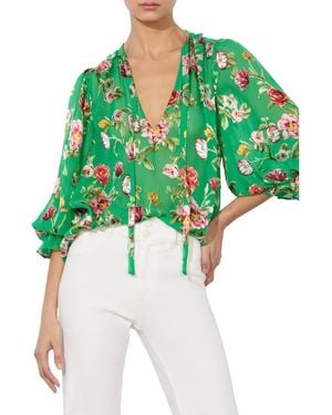 Alice + Olivia Moranne Floral Print Tie Neck Top - Green