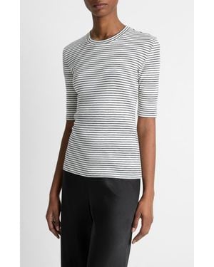 Vince Stripe Elbow Sleeve Cotton Blend Knit Top - White