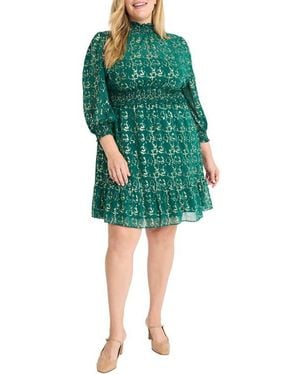 Maggy London Metallic Print Balloon Sleeve Dress - Green