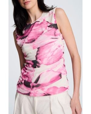 Kenneth Cole Floral Print Ruched Sleeveless Mesh Top - Pink