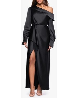 Xscape Evenings Off The Shoulder Long Sleeve Satin Gown - Black