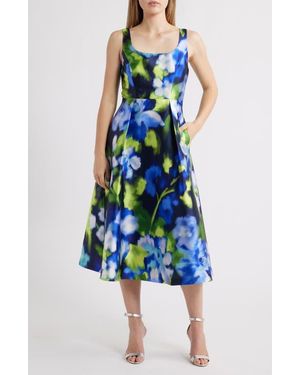 Julia Jordan Print Pleated Sleeveless Midi Dress - Blue