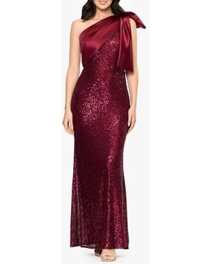 Betsy & Adam Sequin Bow One-Shoulder Column Gown - Red