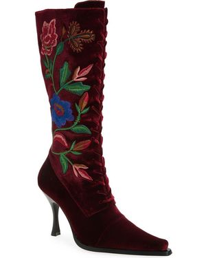 Jeffrey Campbell Joyeux Floral Lace-Up Knee High Boot - Red