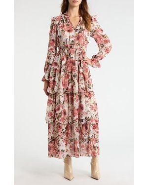 MELLODAY Floral Ruffle Tie Belt Long Sleeve Maxi Dress - Red