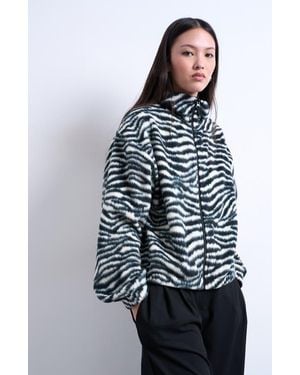 TOPSHOP Zebra Zip Through Fleece Jacket - Blue