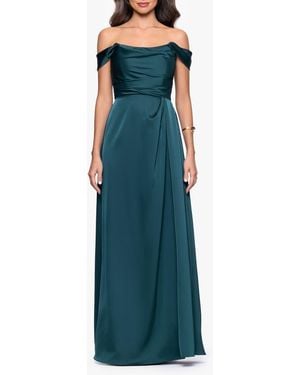Betsy & Adam Heather Off The Shoulder Satin Gown - Blue