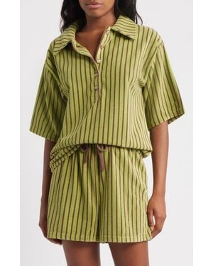 TOPSHOP Stripe Boxy Terry Polo - Green