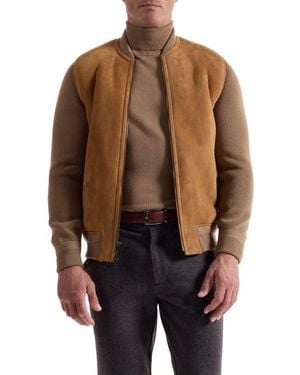 Bugatchi Genuine Shearling & Merino Wool Rib Bomber Jacket - Brown