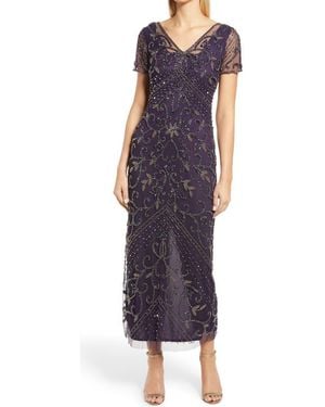 Pisarro Nights Beaded Mesh Column Gown - Purple
