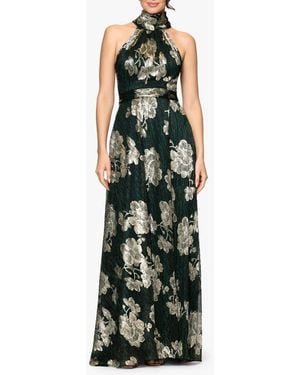 Betsy & Adam Crinkle Metallic Floral Gown - Green